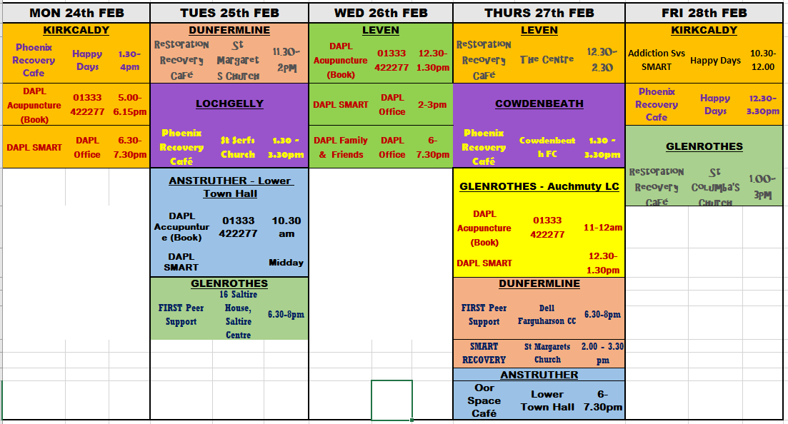 Recovery Activities around Fife for the next 3 weeks. <a href="/DAPLFife/">DAPL</a> <a href="/firstforfife_uk/">FIRST</a> <a href="/Phoenix_Scot/">Phoenix Futures Scotland</a> @RecoveryinFife