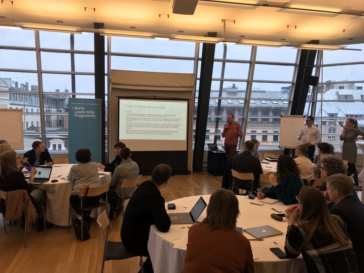 Energy experts discussing a joint vision and long term processes for transnational cooperation in Baltic Leadership Programme on #Energyefficiency in Riga. Leadership training commissioned with ⁦<a href="/EusbsrE/">EUSBSR PA Energy</a>⁩ &amp; ⁦<a href="/CBSSbaltic2030/">CBSS Baltic 2030</a>⁩. #eusbsr, #climatecrisis