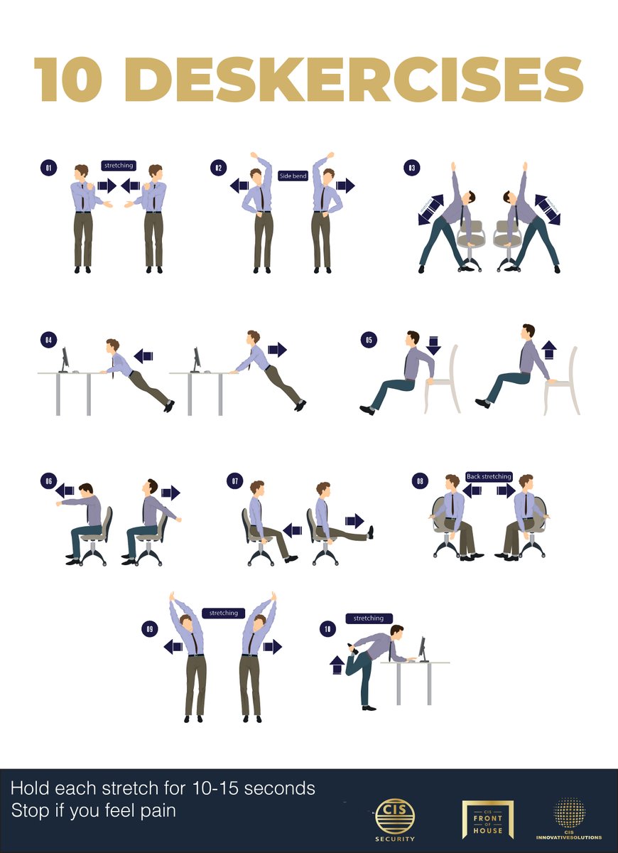 CIS_SecurityLtd's tweet photo. Do you struggle going to the gym? Thankfully these 10 Deskercises can help you keep fit at work, share with a colleague and do it together!
#Exercise #Gym #Wellbeing #Work #WorkMobility #Teamwork #Deskercise #Tips #Health #Motivational #WisdomWednesday https://t.co/imxg1K8kFP
