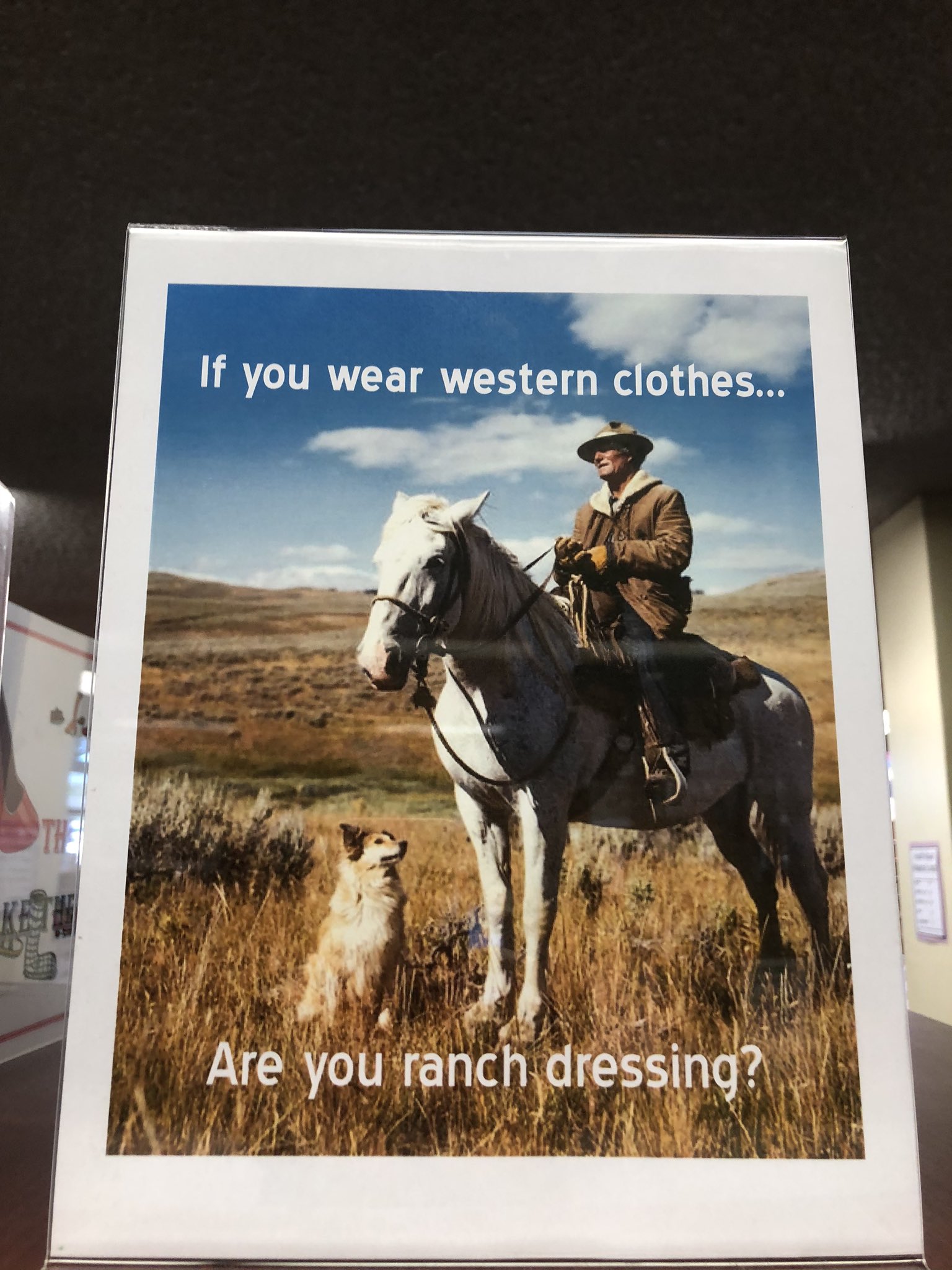 Sign from western book display -- "If you wear western clothes ... Are you ranch dressing?"