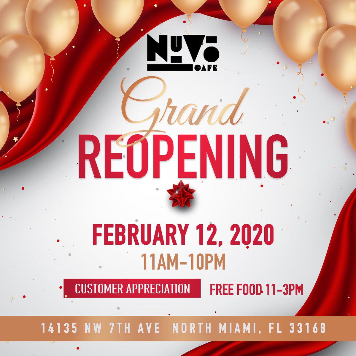 Come Join Us On Wednesday 
As We Re-Open And Celebrate You !
Free Food Is From 11am - 3pm .
Doors open until 10pm for regular purchases 
@nuvocafenm ( on Instagram )
14135 NW 7th AVE
Miami, Fl 33168