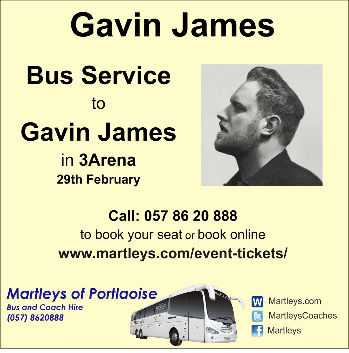 MartleysCoaches's tweet photo. Know any Gavin James Fans?
Please let them know we are running a Bus Service to his Concert in the 3Arena.
Tickets available online;
https://t.co/MGBjU78RYP
#Laois #Portlaoise #GavinJames #3Arena #Concert #ConcertTransport https://t.co/NtERKE2is3