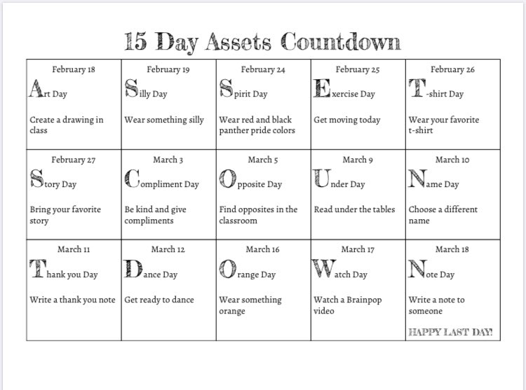 ASSETs is almost over for the 1920 year! To help our kids celebrate all their hard work and dedication after school, I created this fun little 15 day countdown. Here’s the full link: docs.google.com/document/d/1UJ…