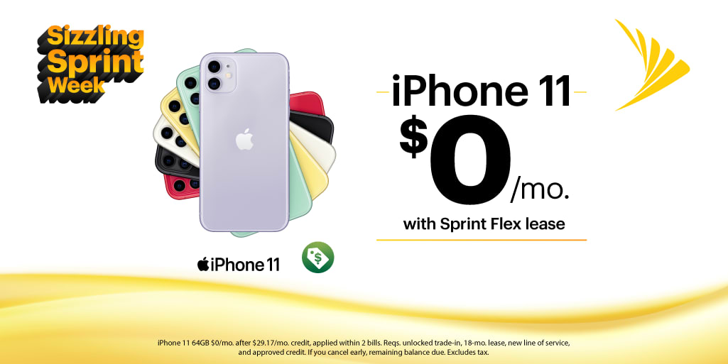 Sizzling Sprint Week savings! Switch to Sprint and lease the amazing iPhone 11 for just $0/mo. when you trade-in your iPhone 6s or newer in ANY condition.