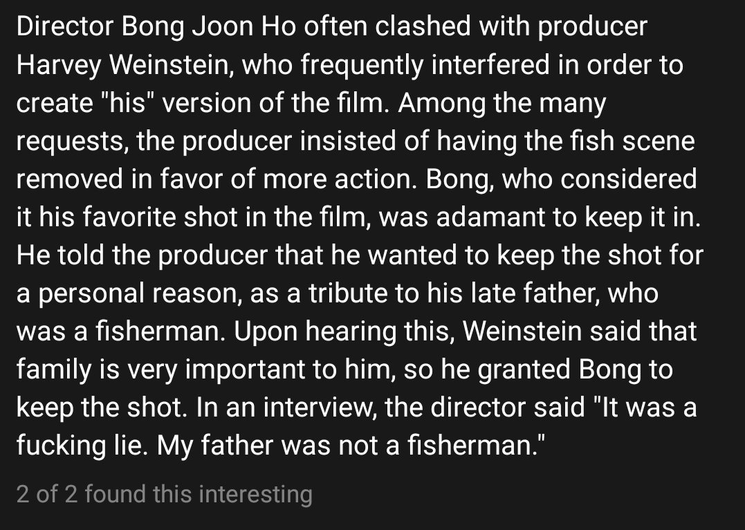 Remember when Bong Joon-ho lied to Harvey Weinstein saying his dad was a fisherman to keep a fish scene in Snowpiercer 😂