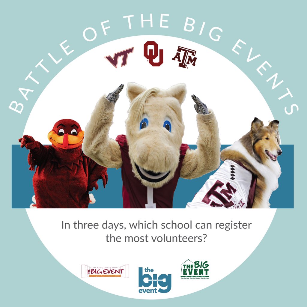 SOONERS! It’s a BATTLE OF THE BIG EVENTS. We have paired up with <a href="/TheBigEventTAMU/">The Big Event at Texas A&M</a> &amp; <a href="/VTBigEvent/">The Big Event</a> to see which school can register the most volunteers in 3 days!!! Sign up for TBE in the next 72 hours‼️ Link in bio🤧