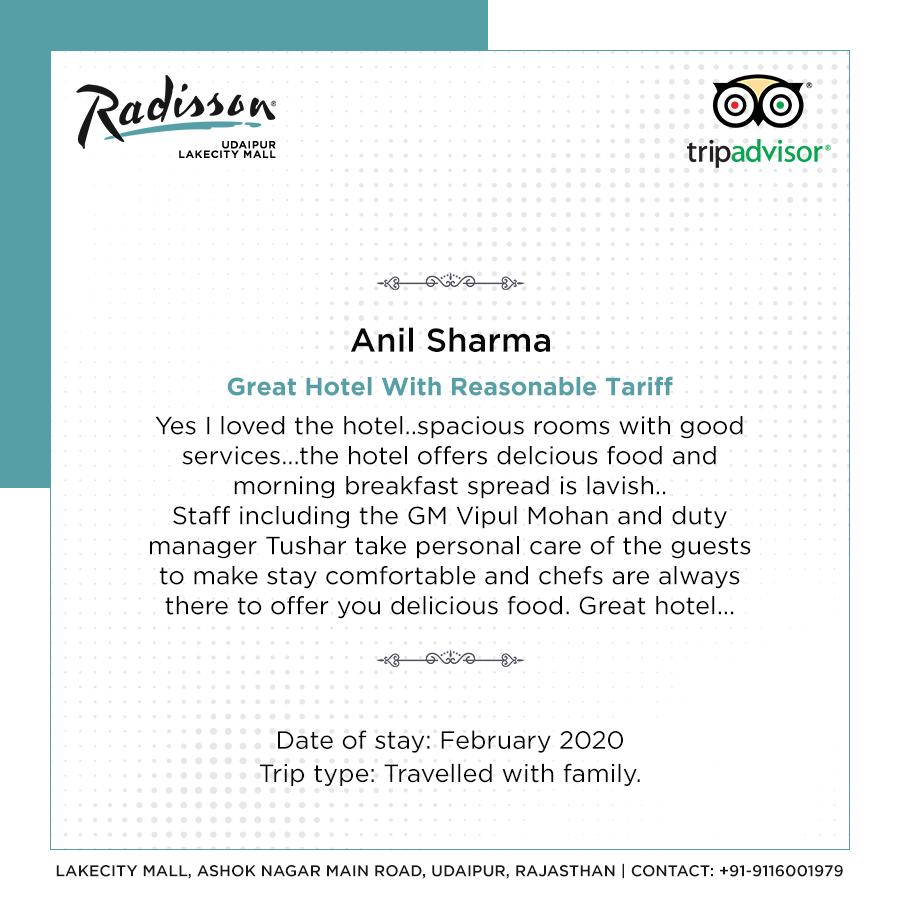 RadissonUdaipur's tweet image. We treasure the responses &amp;amp; recommendations coming from you. We have noted with pleasure that you have found our services to your complete satisfaction which is indeed most encouraging.

#GuestSpeaks #GuestReviews #VisitAgain