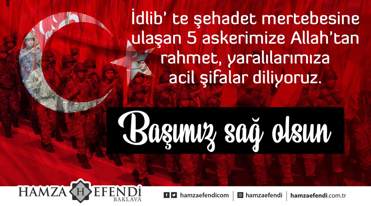 İdlib’te şehadet mertebesine ulaşan 5 askerimize Allah’tan rahmet, yaralılarımıza acil şifalar diliyoruz. Başımız sağ olsun.