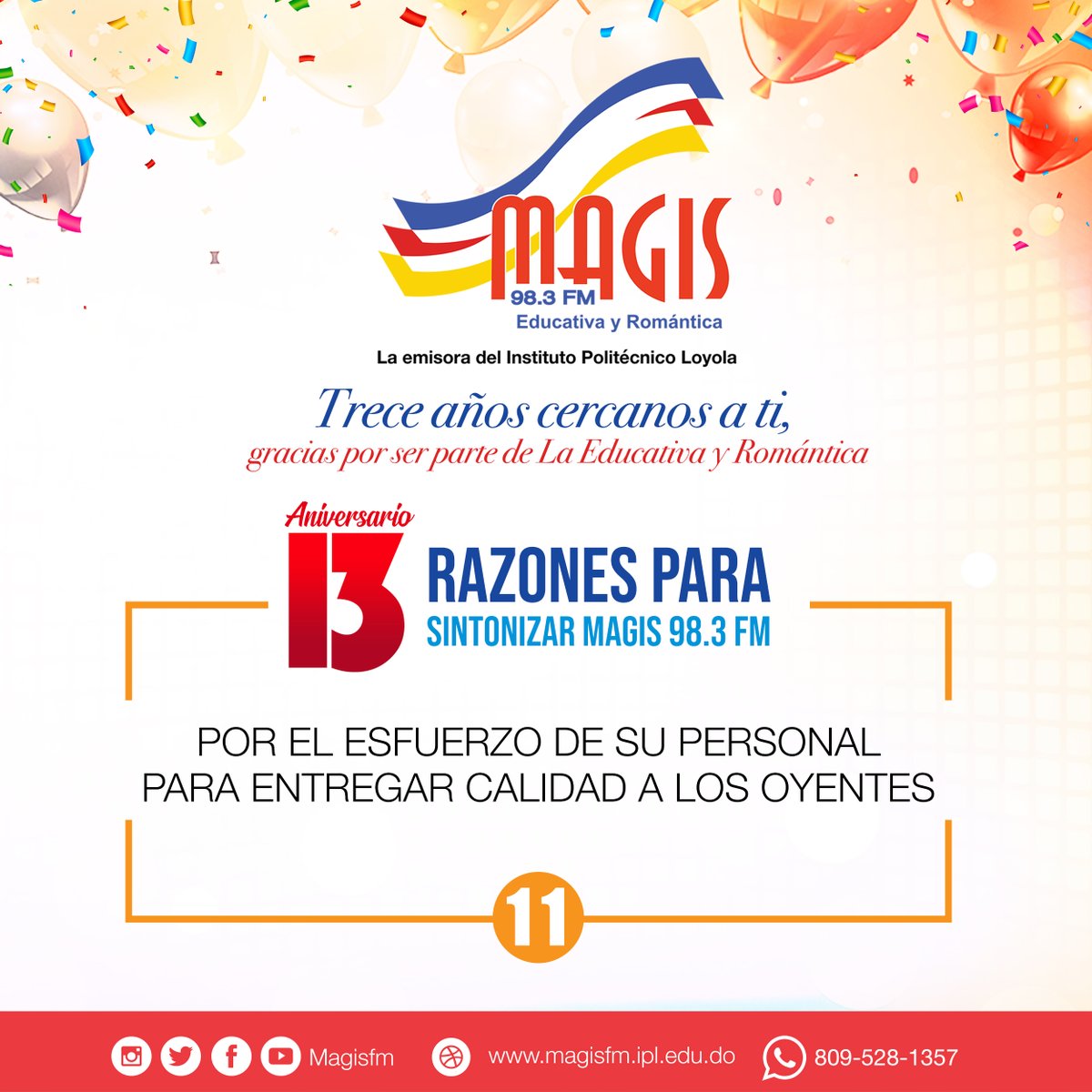 Magisfm's tweet photo. Nuestro personal trabaja cada día para entregar lo mejor a nuestros oyentes.
Eso nos ha permitido estar 13 años junto a ti.

¡Gracias por escucharnos!

#Aniversario13MagisFM
#EducativaYRomántica
#13AñosJuntoATi
#MagisFMSiempreContigo
#LaEmisoraDeLoyola
#MagisFMTeInforma https://t.co/kDci4cKovr