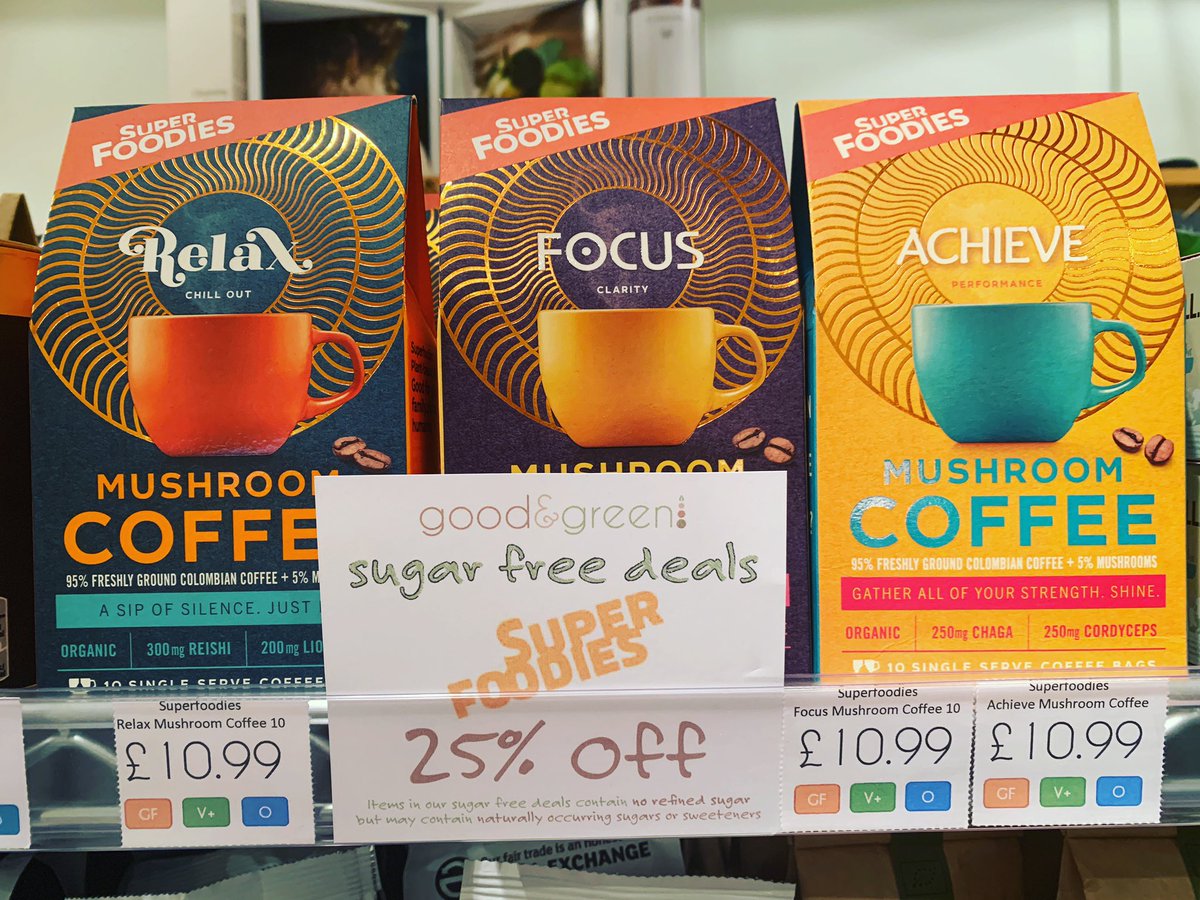 goodgreenshop's tweet photo. Another #SugarFreeFeb deal is 25% off Superfoodies’ mushroom coffees! 🤗🍄☕️ They combine medicinal mushrooms w/ 100% #organic Arabica coffee, and there are 3 types to help focus, relax + achieve 😊 They also come in #biodegradable bags, so no plastic waste to worry about! ♻️ https://t.co/zBEbkedm75