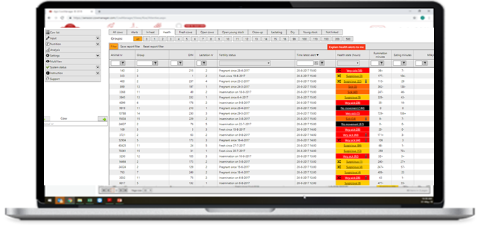 CowManager's tweet photo. A clear dashboard showing alerts of the behavior of a specific cow. There are three type of health alerts: Suspicious, Sick, Very Sick.
#CowManager #cowmonitoring #healthycows #cowhealth #veterinarian #sickcows #healthalerts #dairyfarming https://t.co/qULaK4x4SF
