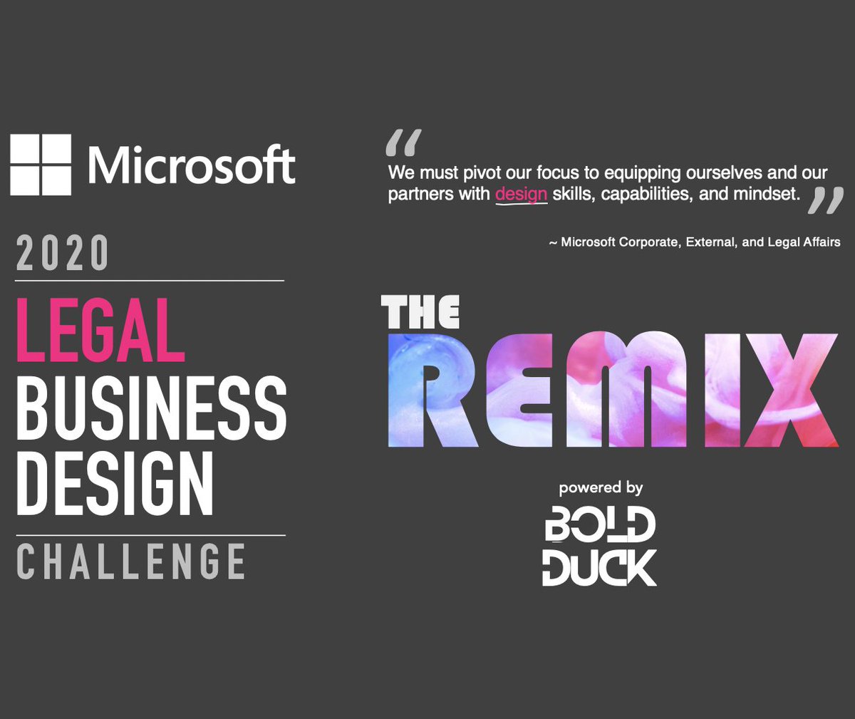 Working with Microsoft, <a href="/BoldDuckStudio/">Bold Duck Studio</a> has designed and will be executing perhaps the market's first Legal Business Design challenge. Over a dozen firms and other providers have been invited to answer the challenge. 

linkedin.com/posts/jpkubick…