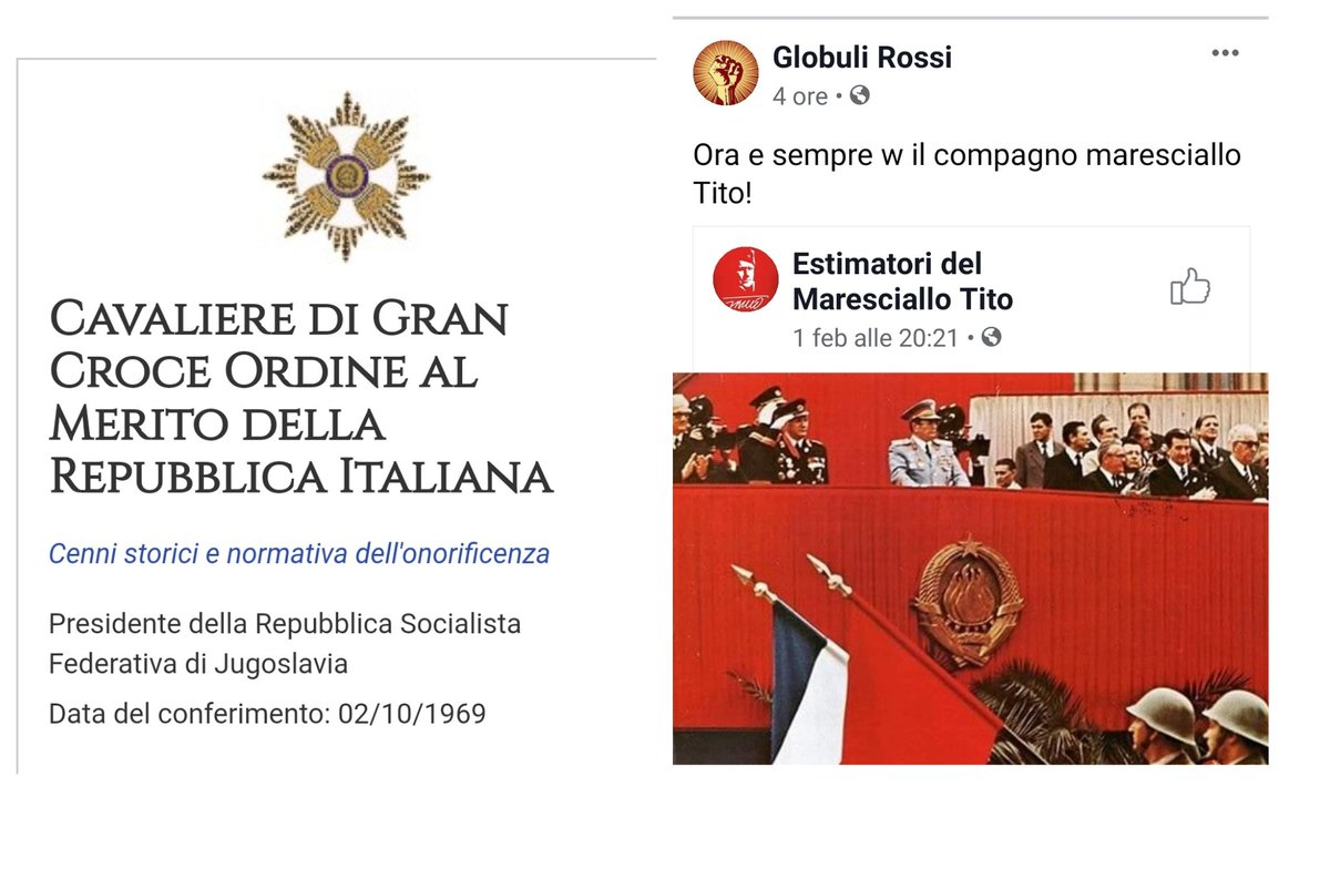 RobJrSilveri's tweet photo. Oggi, #10febbraio in Italia c'è ancora chi omaggia la memoria del dittatore della Jugoslavia nonché "Cavaliere di Gran Croce Ordine al Merito della Repubblica Italiana".

A testimonianza che in Italia c’è ancora molto da fare per raggiungere un minimo grado di civiltà politica. https://t.co/GfSecj5S15