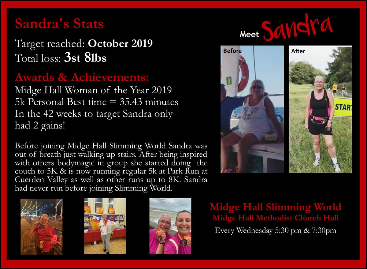I would like to share (with permission) one of my lovely @slimmingworld members. @Womensrunninguk you will 💖 her story, not only has she done this for herself but has inspired over 20 of our Slimming World MIDGE HALL members to also take part @parkrun @CuerdenValleyPk #WRTribe