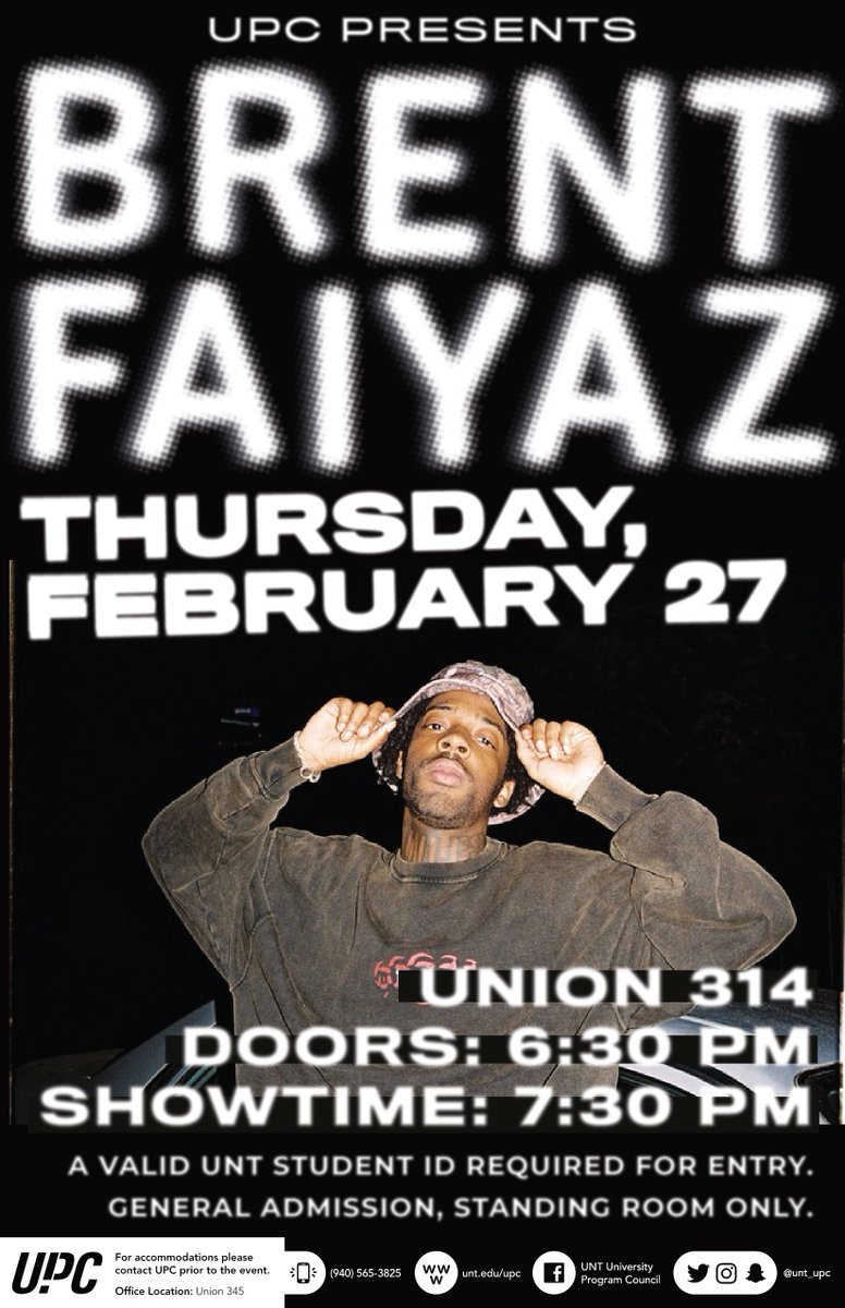 UNT_UPC's tweet photo. We asked, you voted, and we listened! @brentfaiyaz will be headlining our concert on Thursday, February 27th in the Emerald Ballroom! Doors open at 6:30 PM. You must be a current UNT student with a valid ID to attend. This is a general admission, non-ticketed event. #UNTUPC #UNT https://t.co/InwH2wsFE6