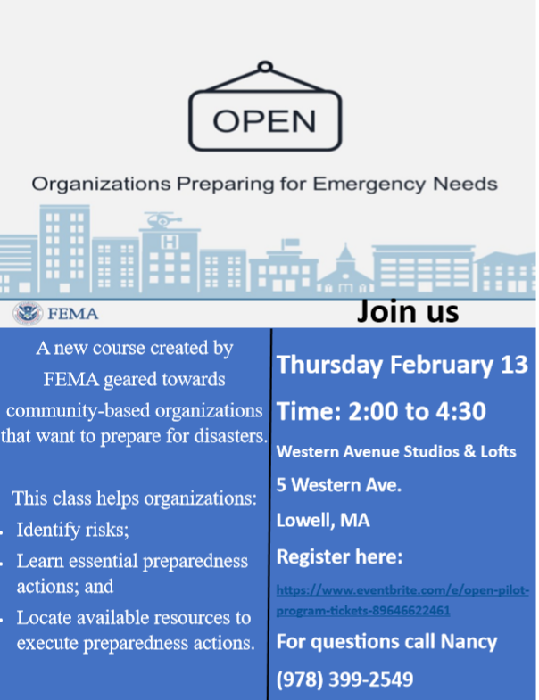climatecrews's tweet photo. Join us Thursday in Lowell as we attend FEMA's new course on community organizations preparing for disasters!
#climateprep #crewclimate #emergencyprep https://t.co/4yHsOT8GS7