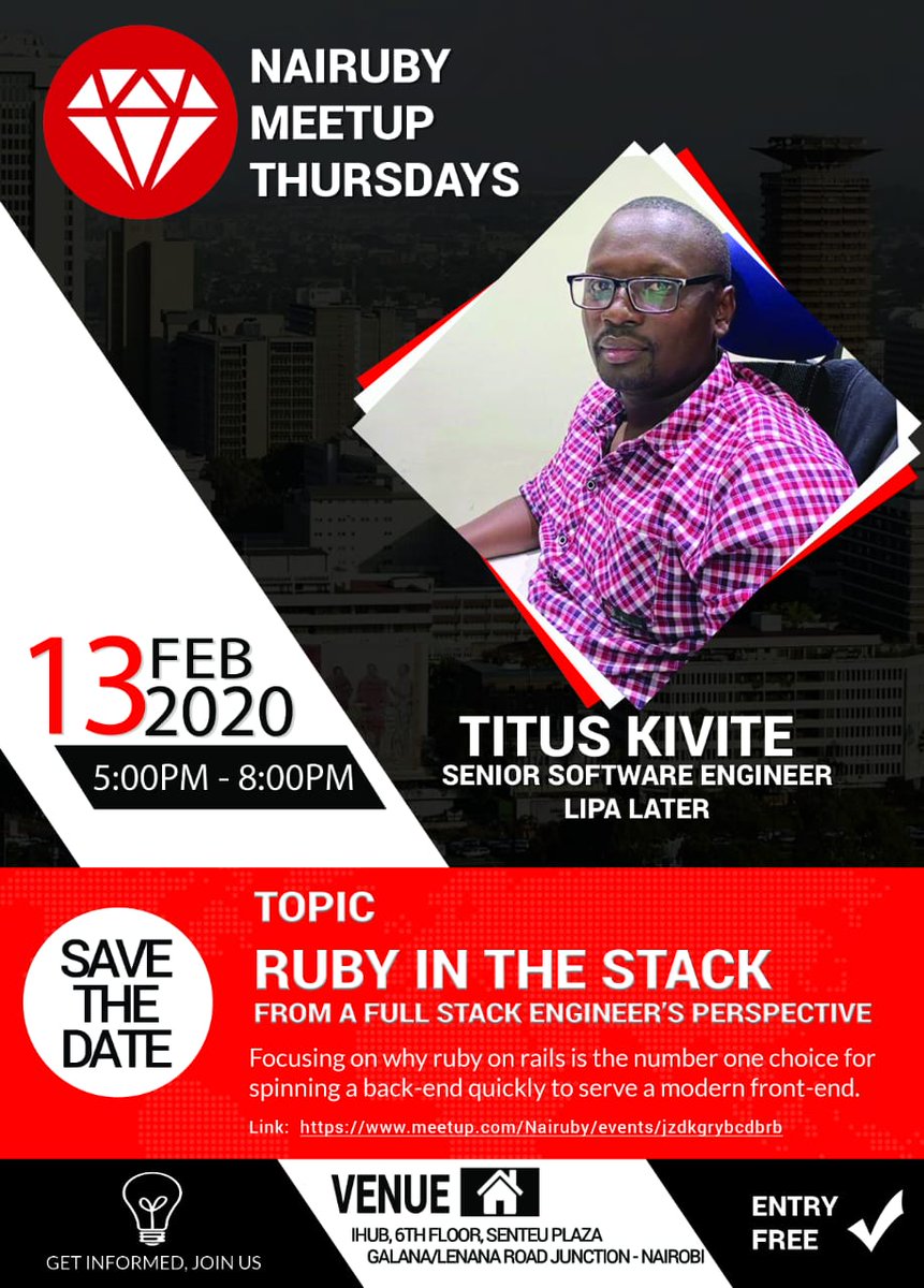 NairubyKE's tweet image. Join us on Thursday @iHub for @NairubyKE  Meetup 

Agenda is;
- Ruby in the stack - From a full stack engineer&apos;s perspective - Titus Kivite, Senior software engineer at Lipa Later
- Code challenge
- Networking

Please RSVP NOW! Limited seats available! meetup.com/Nairuby/events…