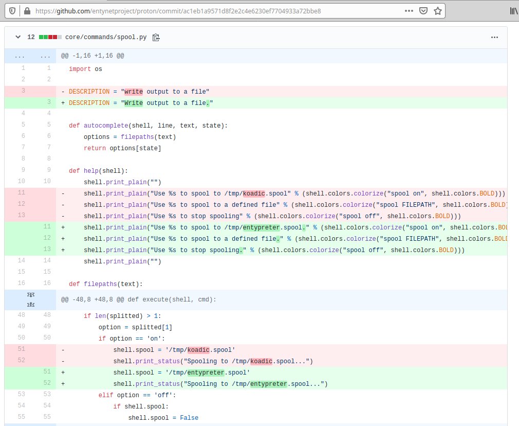 The_Naterz's tweet photo. Hey @entynetproject, I've noticed that your Proton Framework has some... MARKED similarities to #Koadic. Especially in the commits where you did a bad job scrubbing your plagiarism. https://t.co/9vGwid7I3F