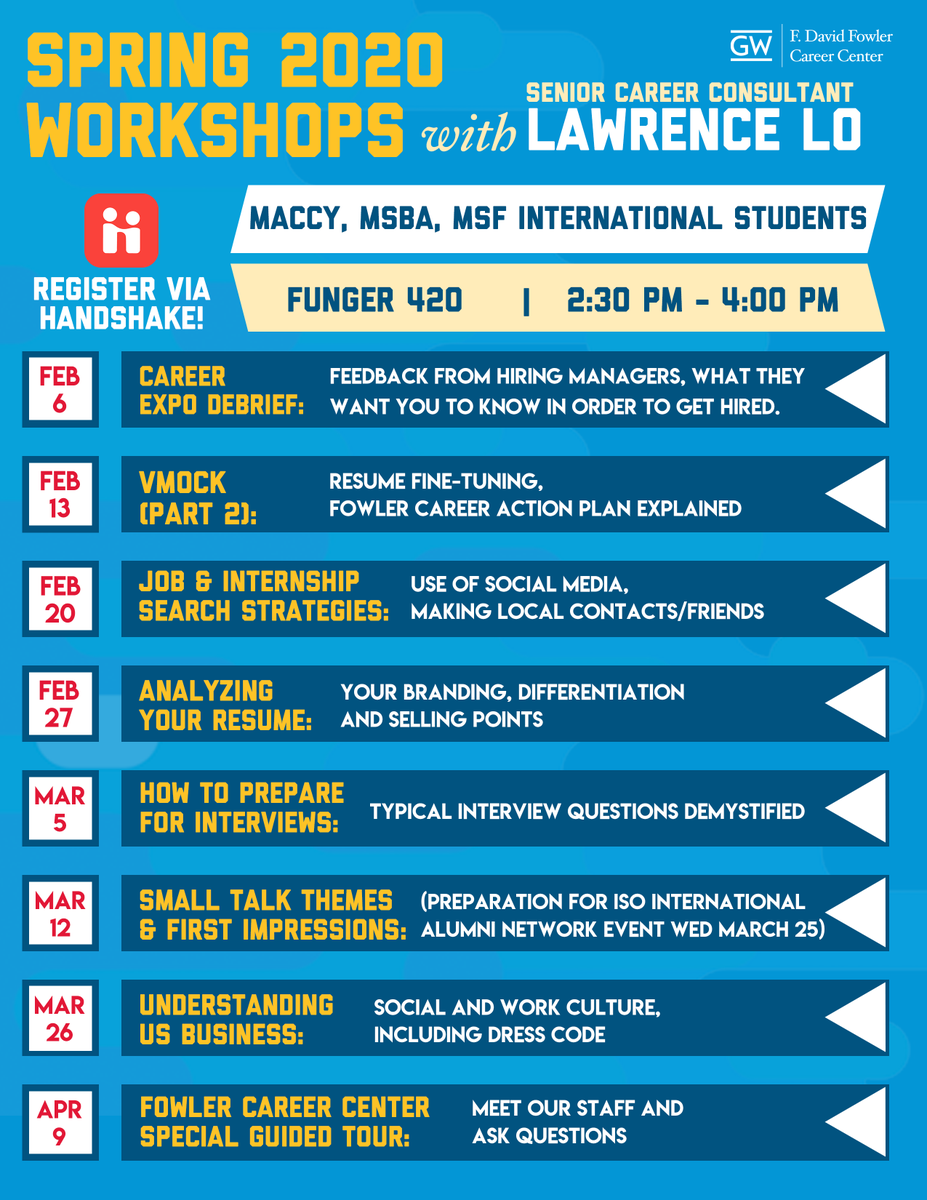 Are you an international student enrolled in a GWSB Specialized Master's Program and looking to take your career to the next level? Join Senior Career Consultant Lawrence Lo for Thursday's workshop on how to craft a standout resume using VMock!

To RSVP: gwu.joinhandshake.com/events/447017
