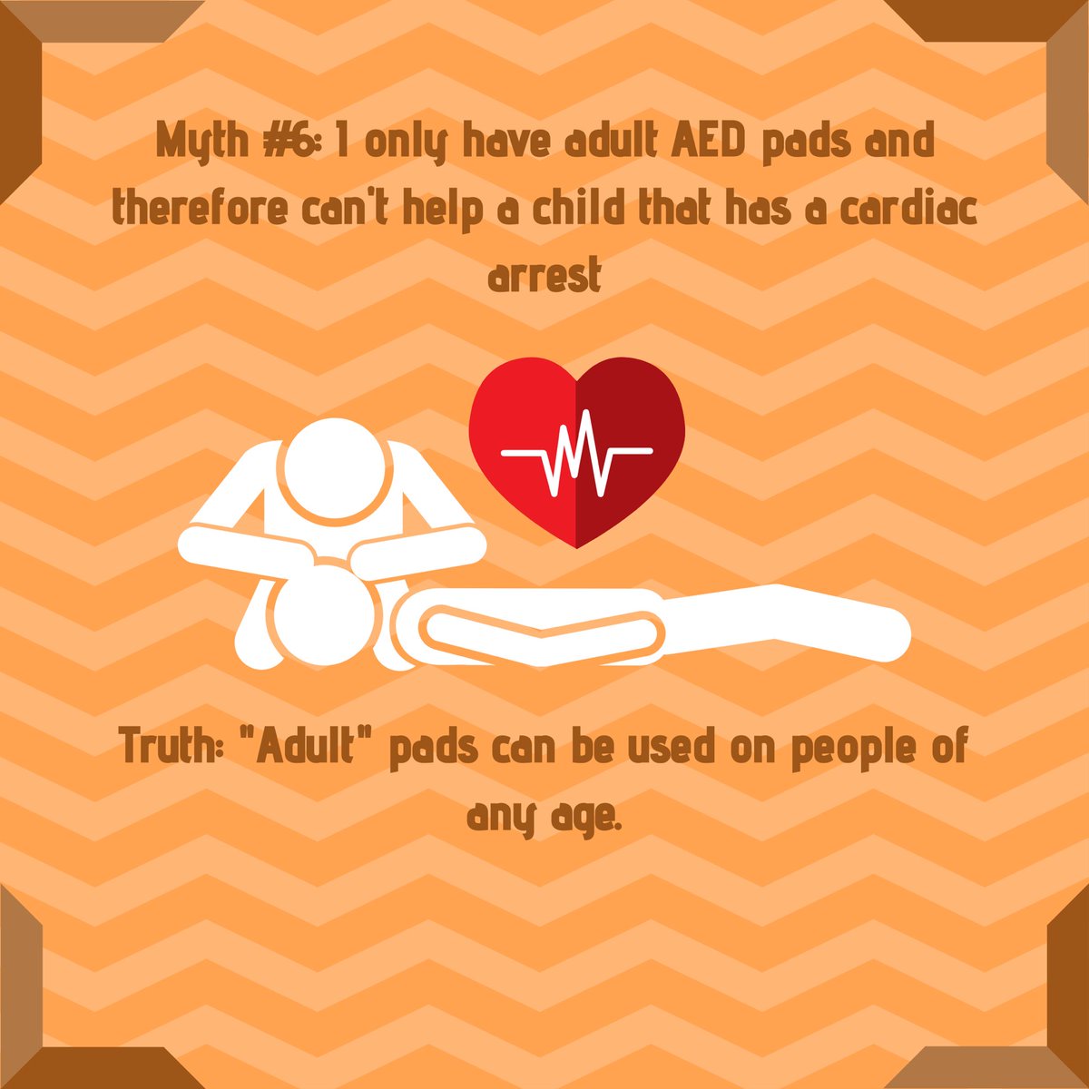 🚨AED Myths!🚨

Myth #6: If I only have adult AED pads I can’t help a child in cardiac arrest
Truth: Adult pads can be used on people of any age! But, be sure that the pads don’t touch each other — If the child is too small, place the pads in the centers of the chest and the back