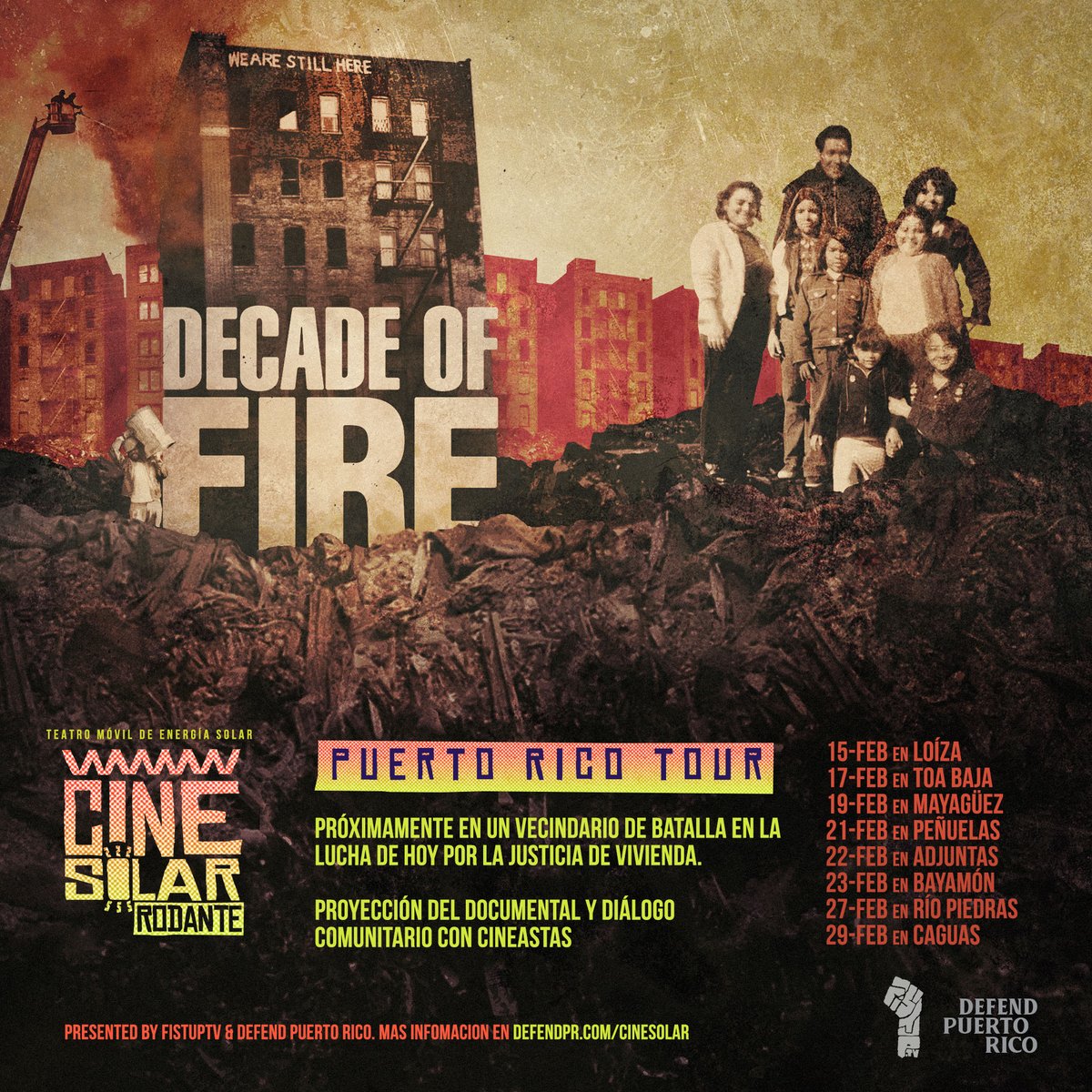 decadeoffire's tweet photo. We begin our tour of Puerto Rico with @DefendPR in just five short days at Corporacion Piñones in Loíza. Please join us or tell your friends and family to join us for free screenings and community dialogues across the island! #StayFightBuild
More info at https://t.co/Fhz0hlsM7Q https://t.co/SNcUGyupGr