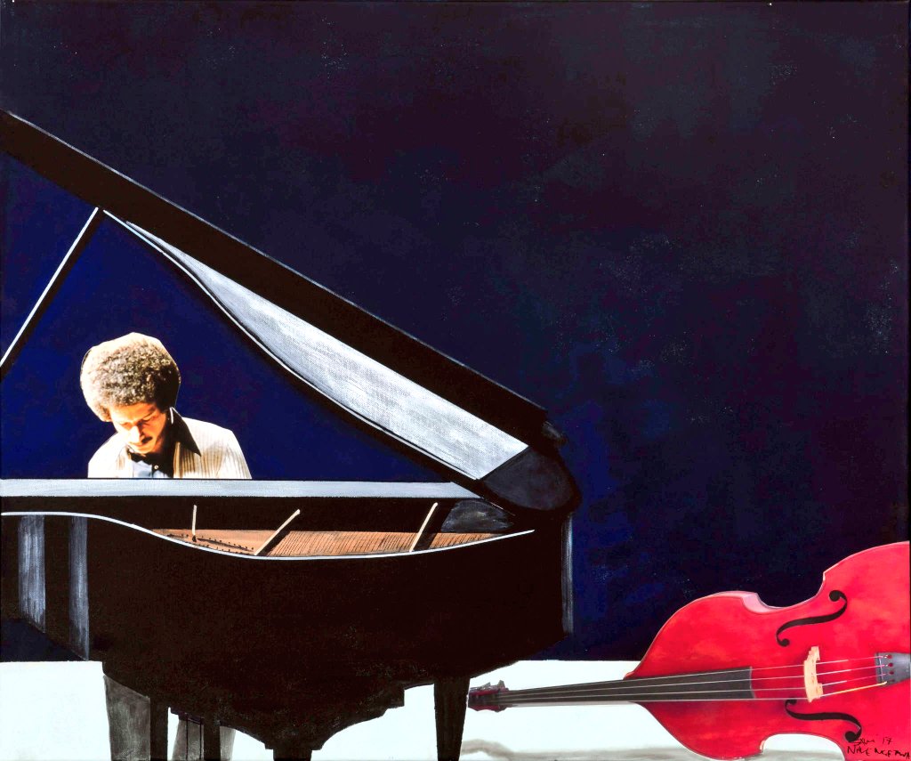 33. Keith Jarrett, by Sam Nhlengethwa, oil & collage on canvas, 2017