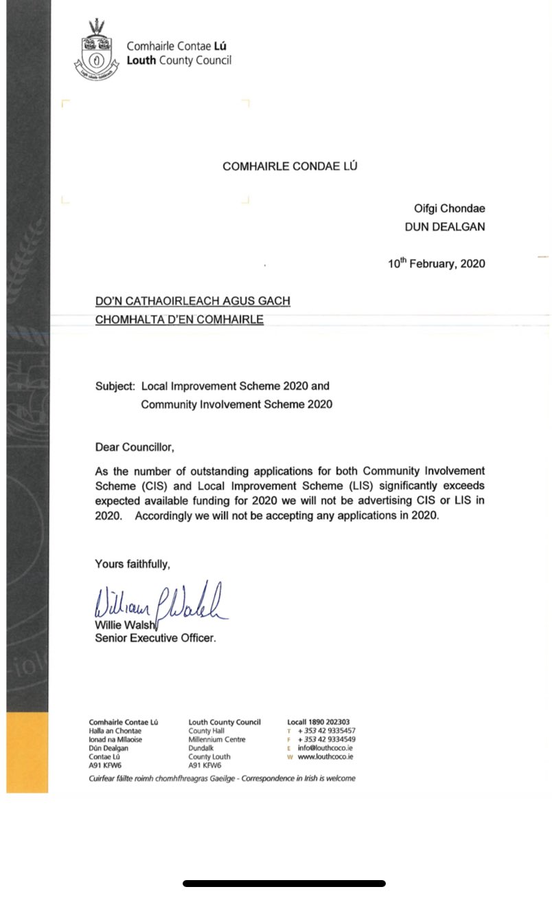 Cllr Antoin Watters Very Disappointed To Receive This Email This Evening That There Will Be No Applications Accepted For The Local Improvement Scheme And The Community Involvement Scheme This Year Cllr Antoin Watters Very Disappointed To Receive This Email This Evening That There Will Be No Applications Accepted For The Local Improvement Scheme And The Community Involvement Scheme This Year
