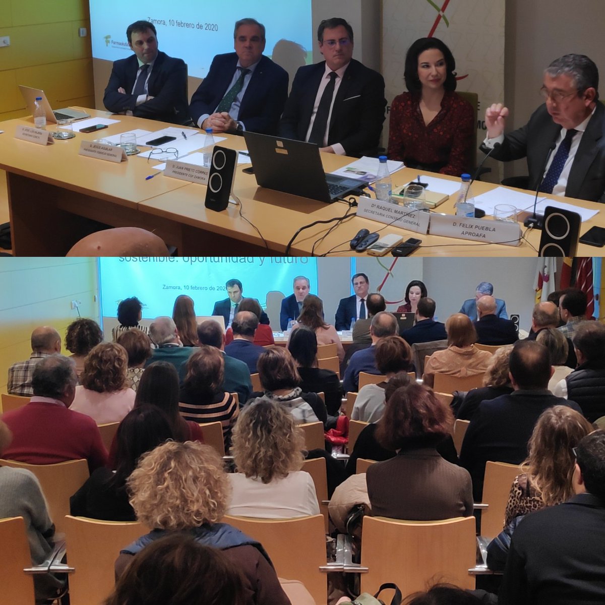 CofZam's tweet photo. Aforo completo en la mesa redonda de esta tarde, en la que el Presidente y la Secretaria del Consejo General, el Secretario del Concyl, el Director de #Aproafa y el Presidente del @CofZam, estan tratando con los colegiados asistentes los temas más actuales de nuestra profesión https://t.co/YfXanetbYf