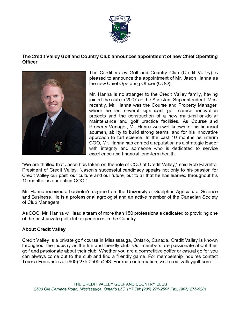 CVGolfCC's tweet image. We have officially removed the &apos;Interim&apos; tag from Jason Hanna&apos;s title! Congratulations to Jason Hanna - Credit Valley&apos;s new Chief Operating Officer! Please see the attached press release. #CSCM #creditvalleygolf