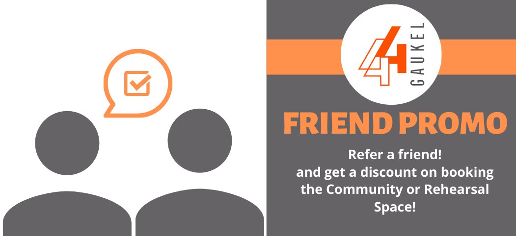 Have you rented the Community or Rehearsal space at 44 Gaukel before? Refer a friend and pay $6/hour instead of $8/hour on your next rental! Read the full terms and conditions here: ow.ly/Bxko50yixWo

#44gaukel #promotion #sale #dtkitchener