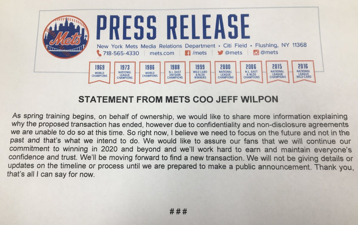 Statement from Jeff Wilpon on the Cohen sale falling through: