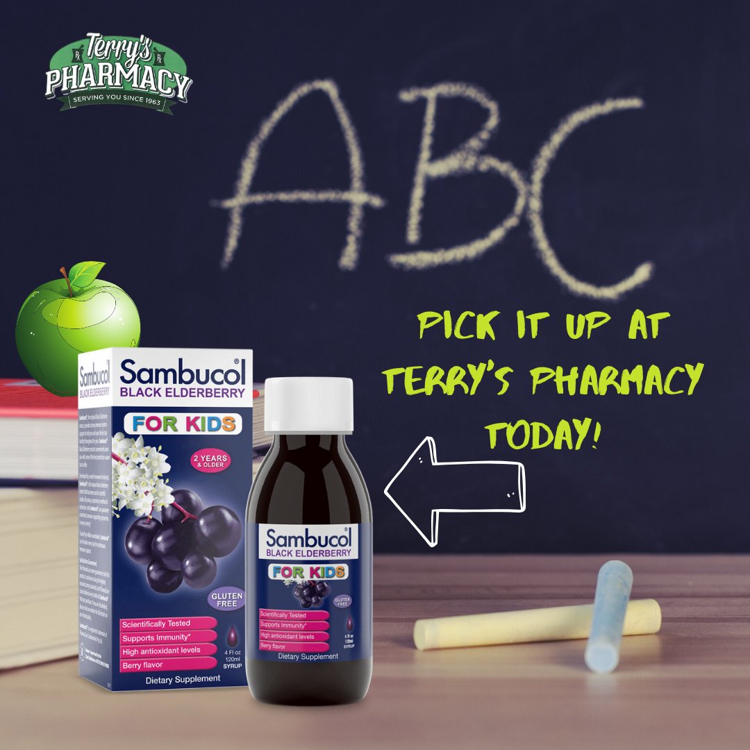 Pick up a bottle today. 
 
Sambucol for Kids Syrup is especially designed for children ages 2-12, providing 1.9g of elderberry per serving and a punch of Vitamin C, all with a great tasting berry flavor. 
.
.
#elderberrysyrup #keepingkidshealthy #terryspharmacycares