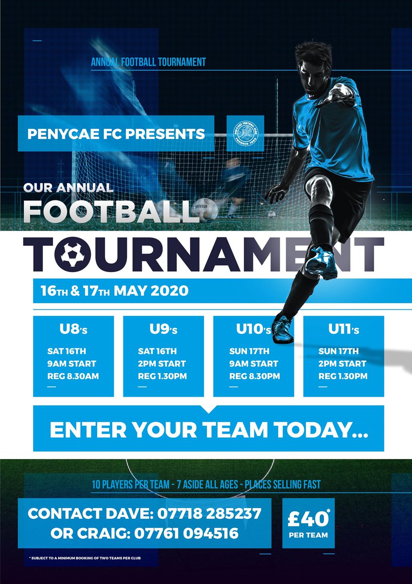 ⭐ Annual Football Tournament ⭐

Penycae Football Club Presents Our Annual Football Tournament

Saturday 16th and Sunday 17th May 2020

More Details: ▶️penycaefc.com/news/annual-fo…

#WeAreTheCae #MoreThanAClub

Sponsored By <a href="/SoccerMillion/">Soccer Million</a>