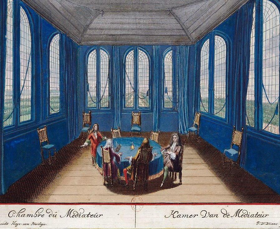 SwkMediation's tweet photo. #mediation fact: 

This painting is of the specifically designated "Chambre dú Mediateúr" used in the 1697 treaty of Ryswick between France and the Netherlands. 

The clothing has changed a little, but #mediation is just as useful now as it was then. https://t.co/k9gAri7uKm
