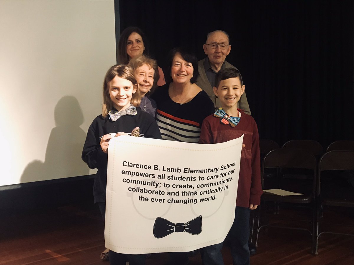 DrPatersonCBL's tweet photo. Students, staff, and BOE celebrate Mr. Lamb’s birthday at our first ever C. B. Lamb Day.  Ss learned about the history of our school from Mr. Lamb and designed a bow tie for today’s festivities. Lastly, we unveiled our school vision to our community. @helenpaynehp @NHTSCHOOLS https://t.co/sQX2pZ83RM