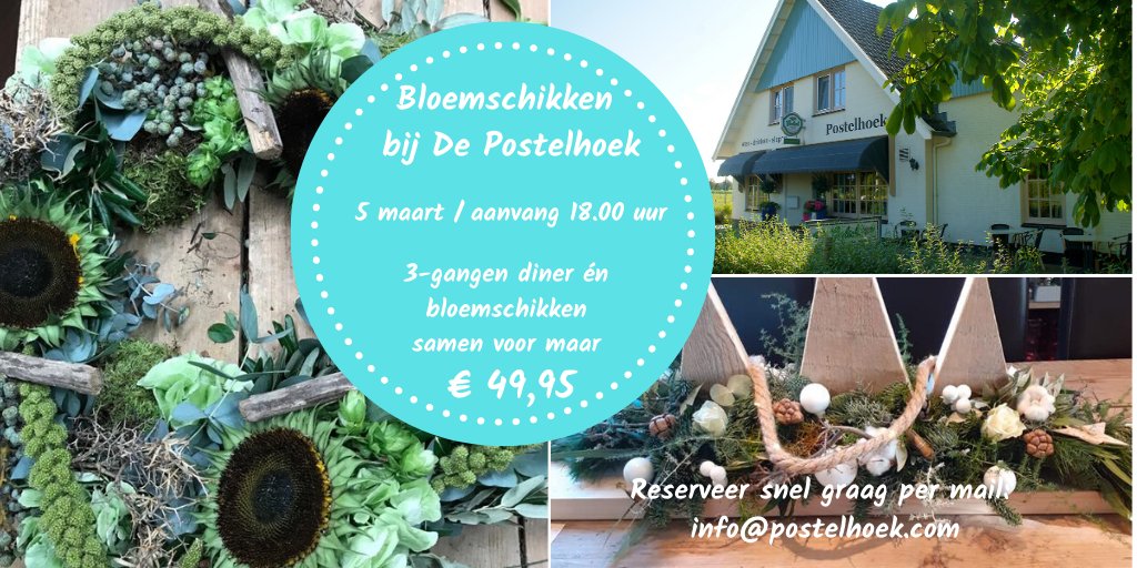 Een heerlijk avondje uit, lekker eten en bloemschikken en als leuke afsluiting een zelfgemaakt bloemstuk mee naar huis. Schrijf je snel in want vol is vol.