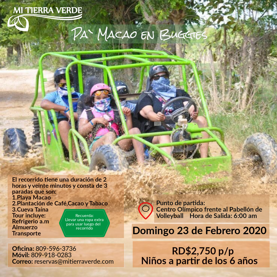 mitierraverde's tweet photo. #Vamanos #Pa´ Macao en #Buggies este próximo #Domingo 23 de de Febrero 2020. Arma tu grupo!

Reservaciones:
Oficina: +1809-596-3736
Mobile:+1809-918-0283

#GodFirst #MiTierraVerde #Macao
#Turismo #RD #Paseo #Trip #Enjoy #Beach #Sun #Excursiones #Tours #Cacao #Tabaco #CuevaTaina https://t.co/DpIdipTGW4