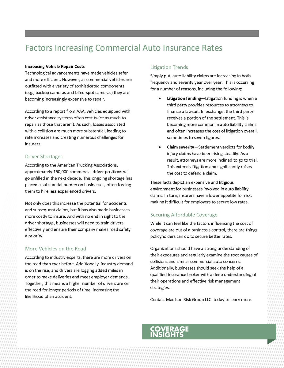 RiskMadison's tweet image. Exposures related to commercial auto insurance are vast, and a number of industry changes, as well as the frequency and severity of claims, have had a significant impact on carriers regarding Auto coverage. This Coverage Insight examines some of the trends driving up the cost.