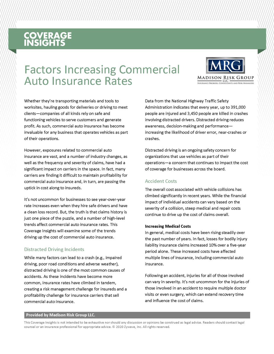 RiskMadison's tweet image. Exposures related to commercial auto insurance are vast, and a number of industry changes, as well as the frequency and severity of claims, have had a significant impact on carriers regarding Auto coverage. This Coverage Insight examines some of the trends driving up the cost.