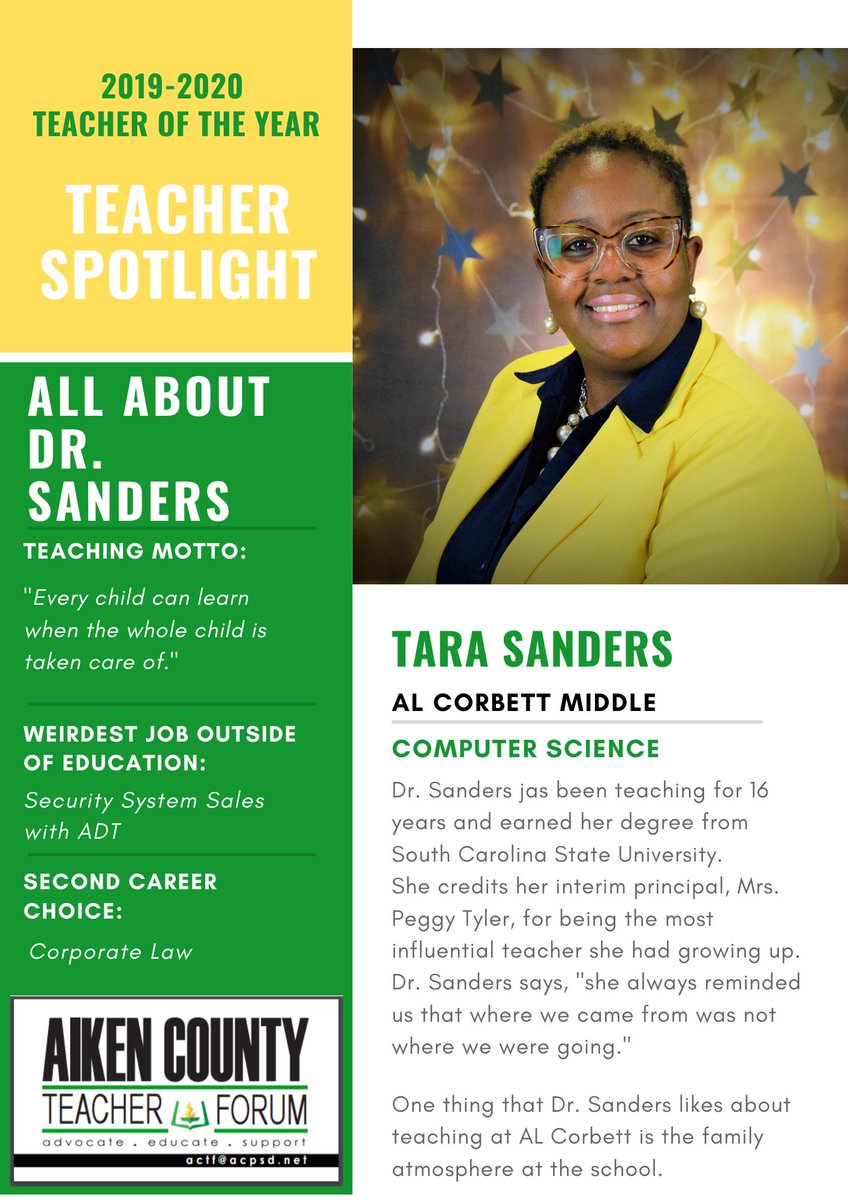 We will be welcoming our 2020-2021 Teachers of the Year very soon; until then we will continue recognizing this year's stars.

🔦 2019-2020 Teacher of the Year Teacher Spotlight:
Dr. Tara Sanders from <a href="/ALCLions/">A.L. Corbett Middle School</a>

#teacherleaders #ACTFsupports #ACTFadvocates #TOY