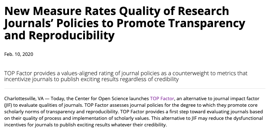 BrianNosek's tweet photo. Introducing TOP Factor, a rating assessing journal policies on transparency &amp; reproducibility. 

At present, journals are evaluated only on Journal Impact Factor, a metric that incentivizes selecting exciting over credible. TOP Factor is values-based. 1/

https://t.co/chaASZVpPq https://t.co/fG8PTObMoQ