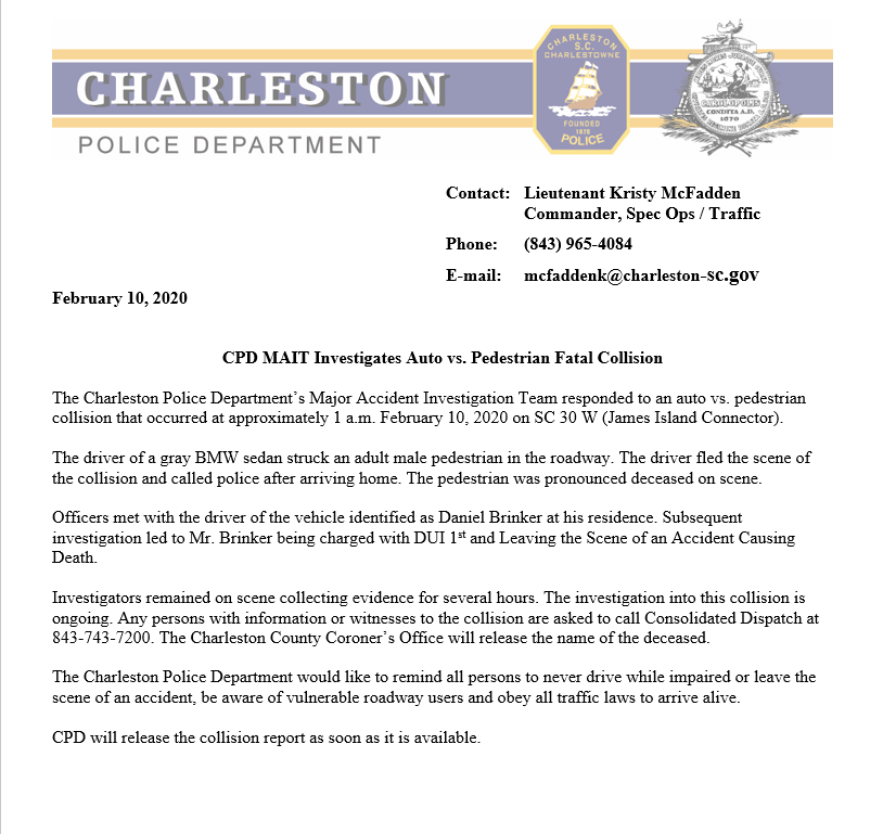 CharlestonPD's tweet photo. CPD MAIT Investigates Auto vs. Pedestrian Fatal Collision 
#chsnews #chstrfc https://t.co/diq9GQq37w