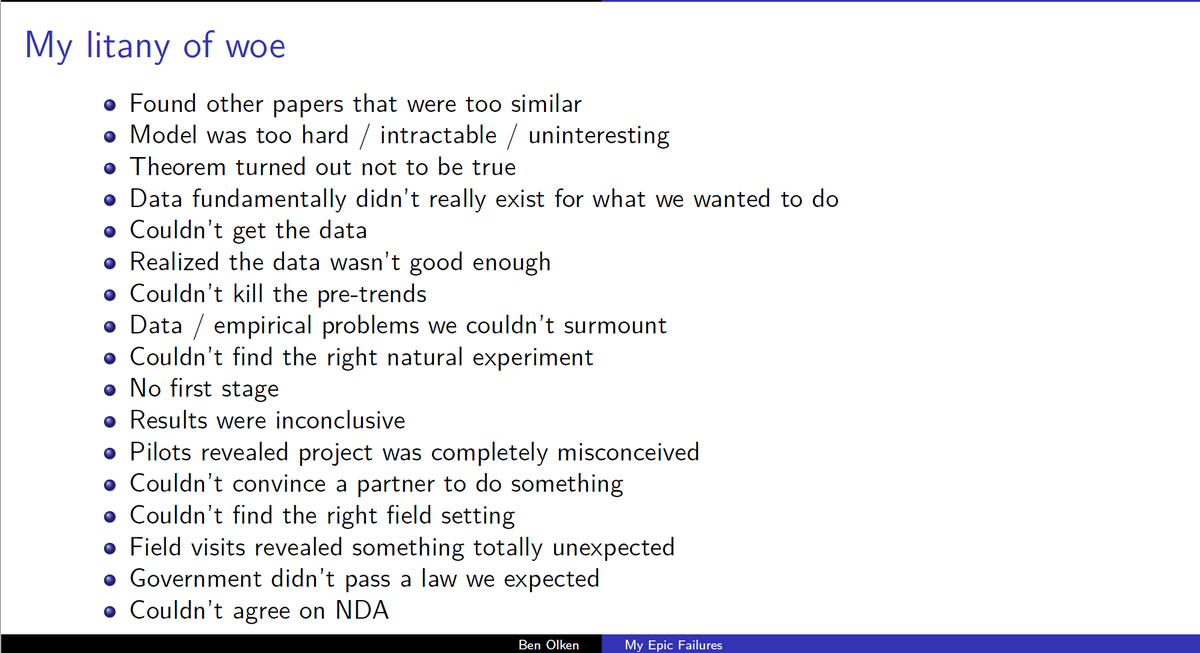 Ben Olken's notes on his "Epic Failures" -- research projects that died. A good reminder that for every polished paper we see, there are a lot of failed paper attempts. (Part of MIT's new 2nd-year PhD class on how to write a paper, which I want to take!)
economics.mit.edu/files/18768