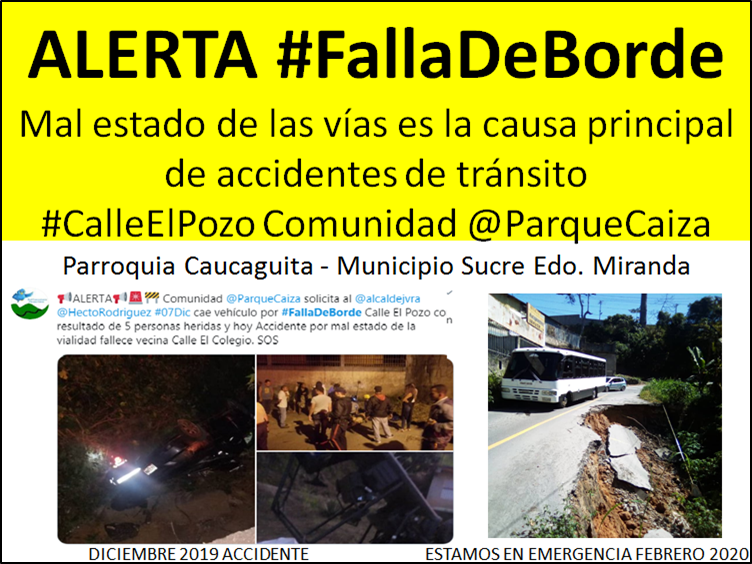 Egutierrez999's tweet photo. #10Feb20 NOTICIA IMPORTANTE. En sus manos está EVITAR perdida de VIDAS! Sres. @alcaldejvra @laalcaldiasucre @HectoRodriguez @BomberosMiranda @PCADMiranda @NicolasMaduro @PartidoPSUV @MirandaGob 11:00am Inspección y atención urgente a la #FallaDeBorde GRACIAS @ParqueCaiza https://t.co/Q6NJqsmNkb