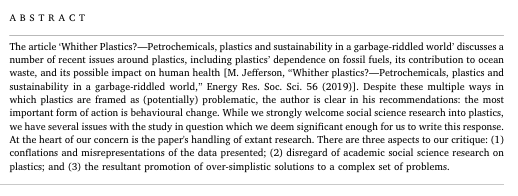 Last week <a href="/jhasselbalch/">Jacob Hasselbalch</a> and I published a little piece: 'Power and politics in plastics research'. It's a short response to a paper that was published last summer. authors.elsevier.com/a/1aUpo7tZ6Zqx… 1/