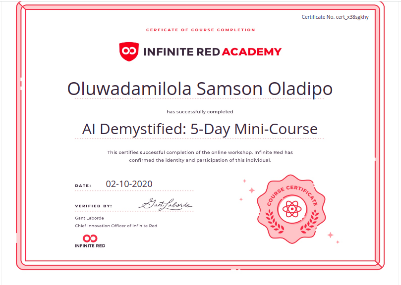 damidipo's tweet photo. #5DaysOfAI
#5DaysOfInfiniteRed
I just got certified by Infinite Red Academy on the completion of the AI Demystified: 5-Day Mini-Course.
All thanks to @GantLaborde, @jamonholmgren, and @ir_acad for the quality content.
I also appreciate this chief, @hackSultan for sharing🙏 https://t.co/TV2bk1rf5N