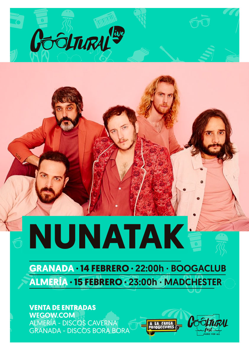 Esta semana, <a href="/HolaNunatak/">Nunatak</a> estarán en los conciertos #CoolturalLive del <a href="/coolturalfest/">Cooltural Fest - Music For All</a> 🎉🎸

🔸14 febrero: <a href="/boogaclub/">Boogaclub</a> (#Granada)
🔸15 febrero: <a href="/madchesterclub/">Madchester Club</a> (#Almería)

Consigue tus entradas en holanunatak.com  y <a href="/wegowES/">wegowes</a> 🎟️