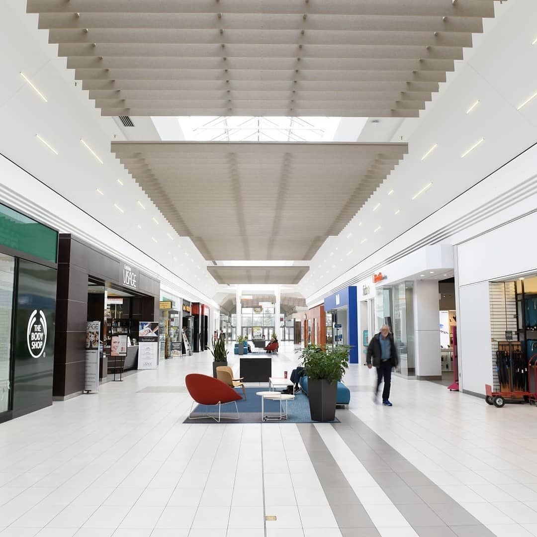 VerticalInter's tweet image. A few photos by David Briggs of the ezoBord installations at White Oaks Mall. 
#ezobord #cutthenoise #ceilinginstallation