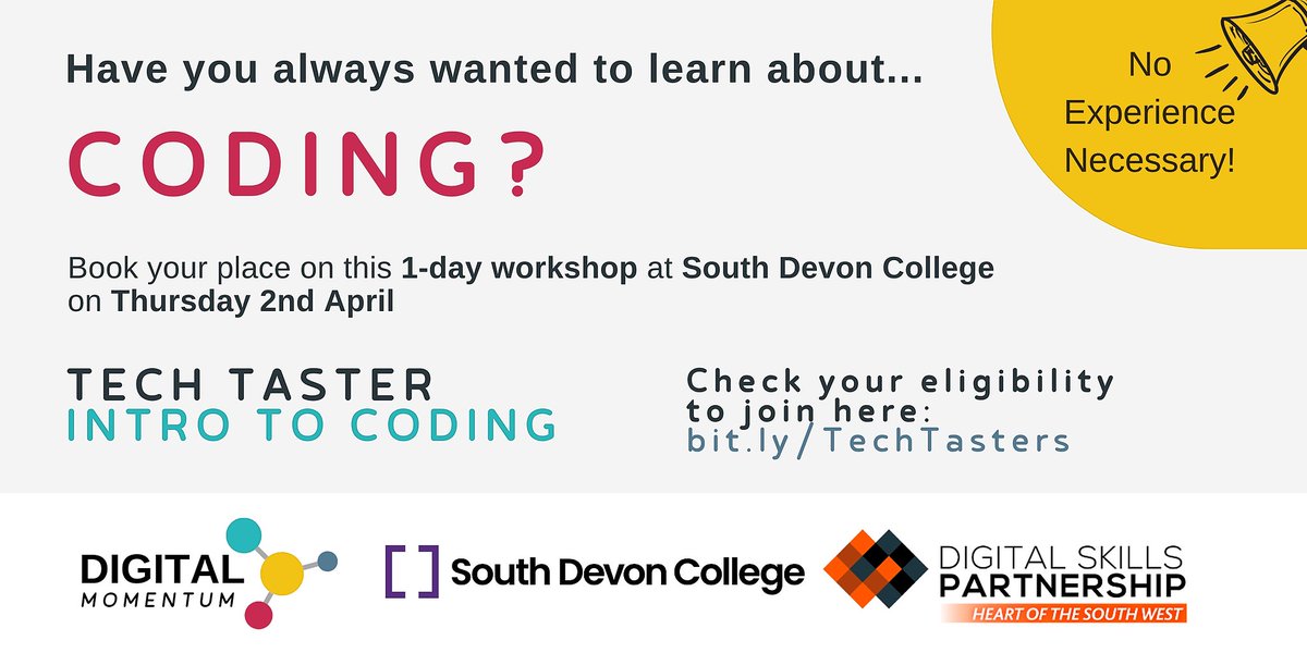 SkillsLaunchpad's tweet photo. Have you always wanted to learn about #Coding?
See if you're eligible to join the free 1-day #DigitalMomentum #TechTaster being delivered by South Devon College!
https://t.co/KDF542UXKt
@sdcollege @sdc_digital @SDCHiTech
#DigitalSkills https://t.co/ndWEL8z0Fk