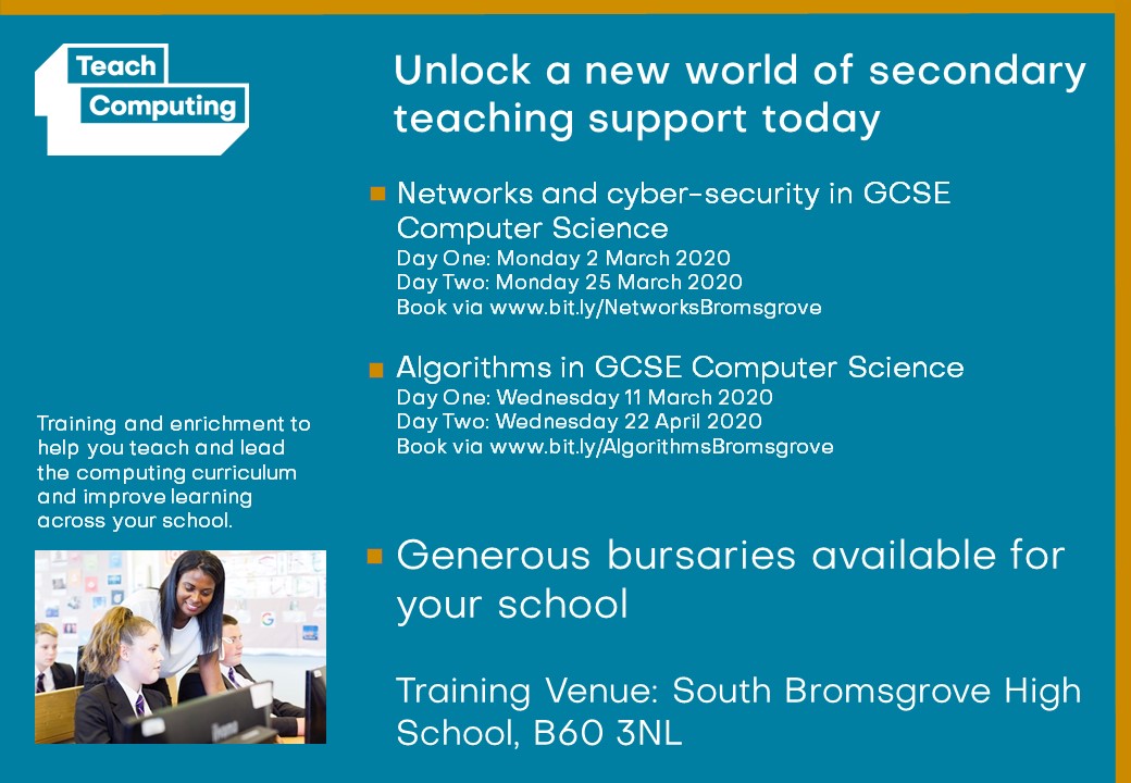 TC_ComputingHub's tweet image. Booking now! 
2 March &amp;amp; 25 March: Networks and cyber-security in GCSE Computer Science bit.ly/NetworksBromsg…
11 March &amp;amp; 22 April: Algorithms in GCSE Computer Science
bit.ly/AlgorithmsBrom…
Venue: @SouthBromsHigh 

#teachcomputing 
#secondarycomputing